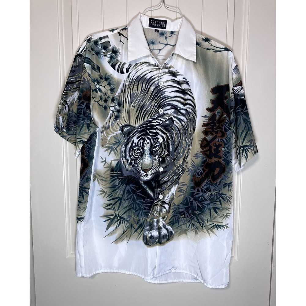 Ferugini Mens White Tiger Graphic Button Up Shirt Large Asian Bamboo Print White